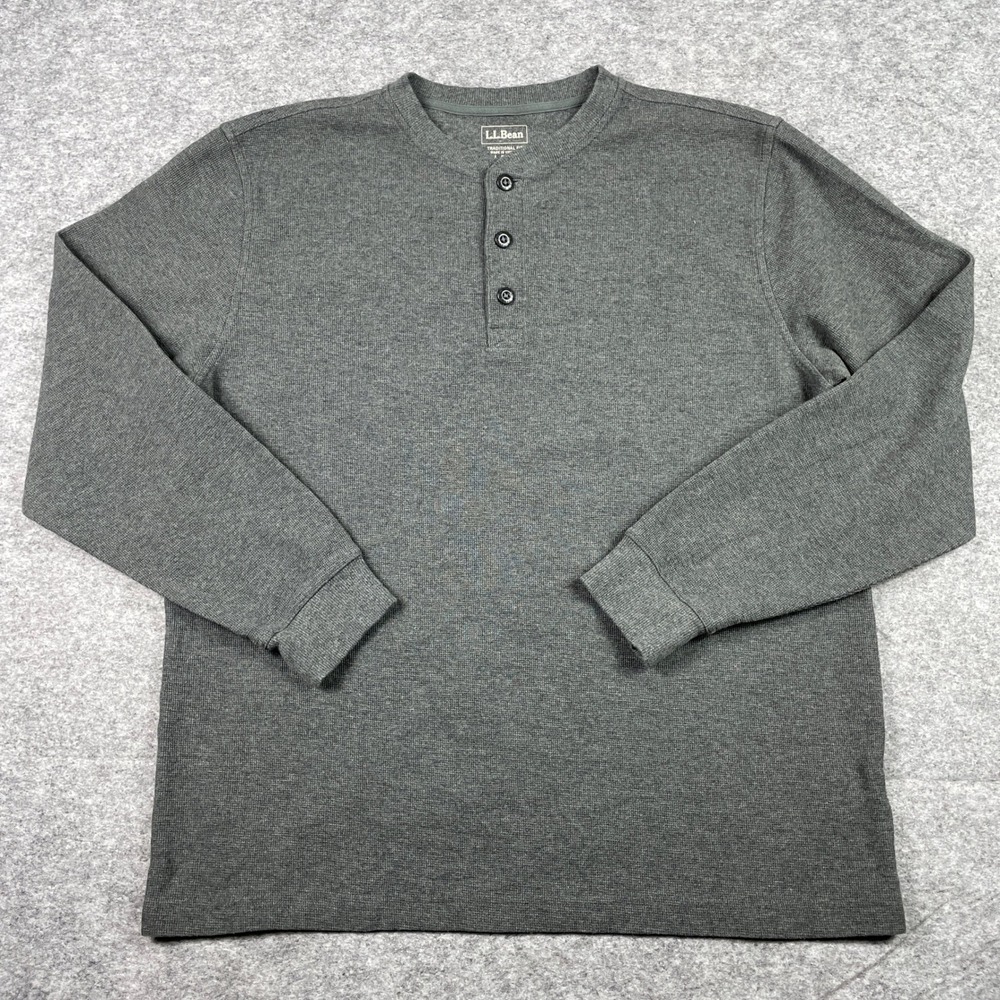 LL Bean Henley Mens Large L Gray Traditional Fit Waffle Knit Thermal Outdoor